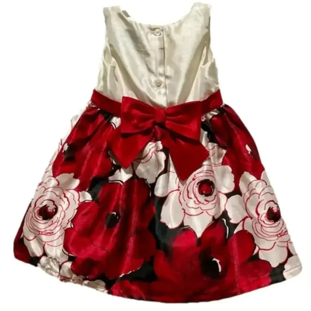 Gymboree Red Cream Floral Red Bow Dress Size 12/18 Month’s